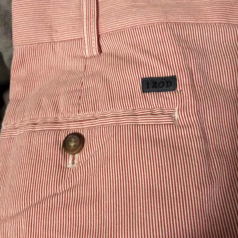 Vintage Izod red and white pinstriped shorts. Size 42 men.